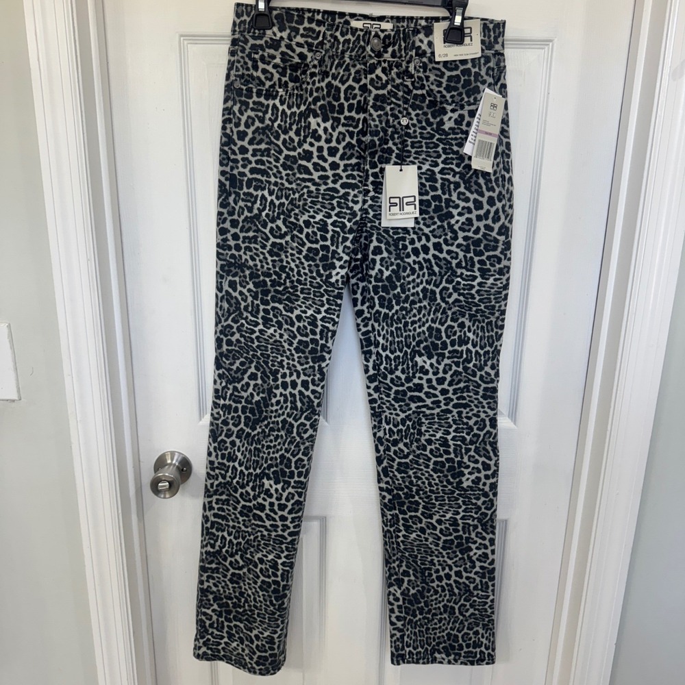 NWT Robert Rodriguez High Rise Slim Straight Silver Leopard Grey Jeans Womens 6